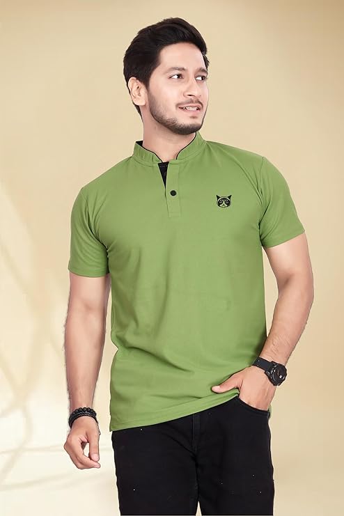 BAGHADBILLO Men's and Boy's Polyster T-Shirt with Mandarin Collared Neck Half Sleeves Closuer Button and Regular Fit